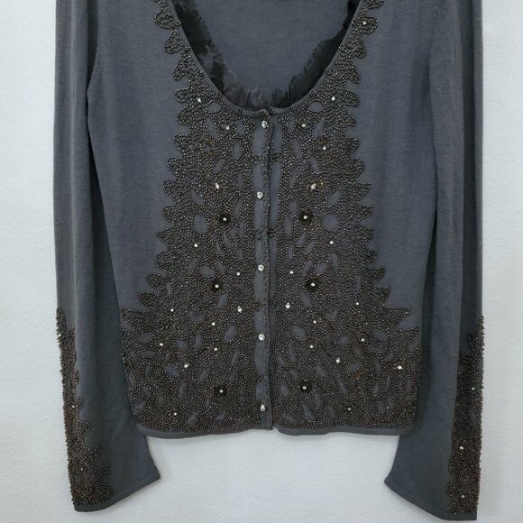 Roberta Scarpa Wool Silk Blend Lace Trim Beaded Knit Cardigan Sweater Size 12 - Picture 5 of 16